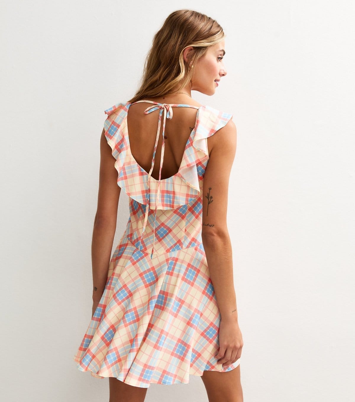 New Look Women's Pink Check Print Ruffle Front Side Bow Mini Dress New Look - 4