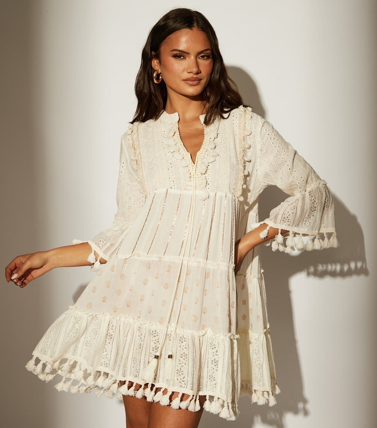 South Beach Women's Cream Trim Detail Tiered Mini Dress South Beach New Look