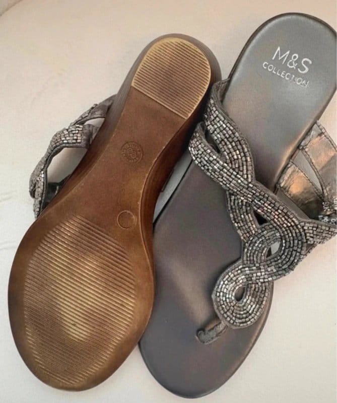 M&S Collection M&S Collection Pewter Beaded Wedge Sandals UK 5 Metallic Embellished Toe Post Flip Flops - 1