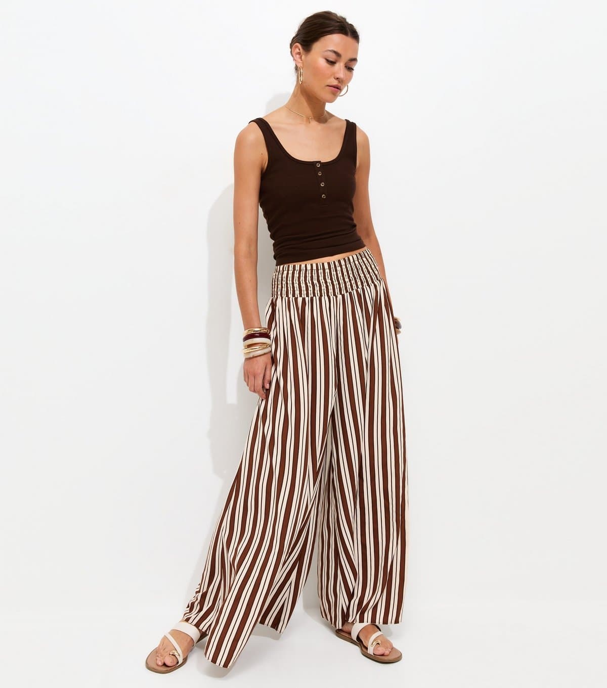 New Look New Look Cream/Brown Striped Palazzo Trousers
