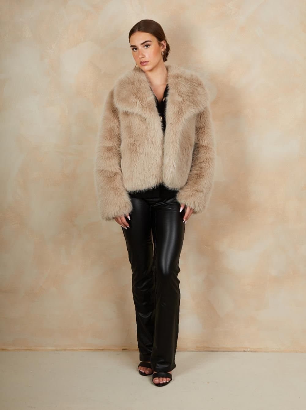 chi chi london Chi Chi London Women's Faux Fur Short Length Coat in Mink in Beige