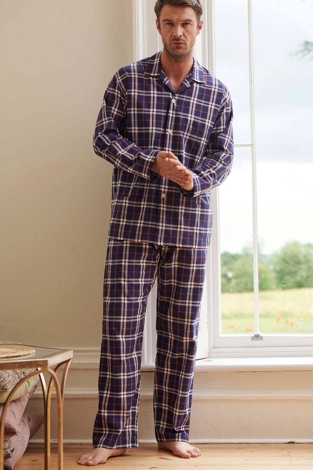 British Boxers British Boxers Men's "Chester Red & Blue" Check Crisp Cotton Pyjama Set in Dark Navy - 3
