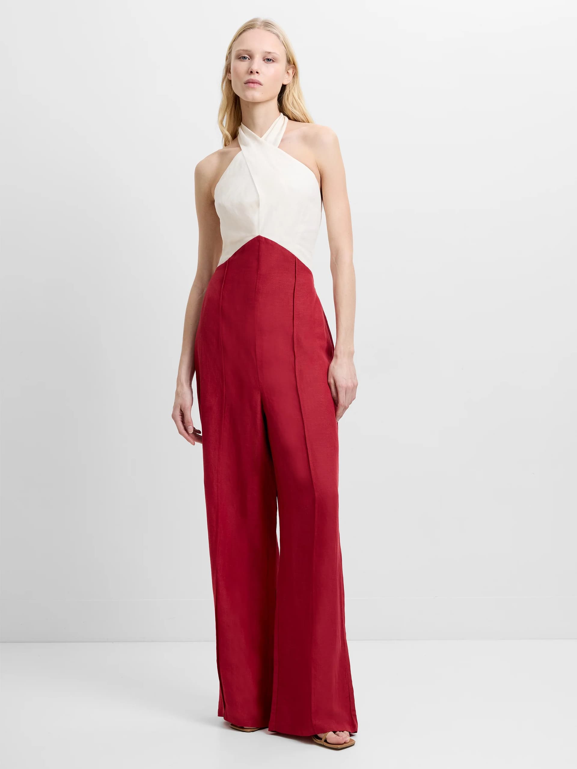 French Connection Birdie Linen Blend Halterneck Wide Leg Jumpsuit Colour Block Brick Red/Porcelain Cream
