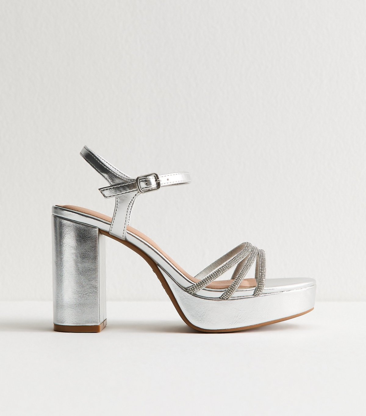 New Look Women's Silver Embellished Block Heel Platform Sandals Vegan New Look - 2