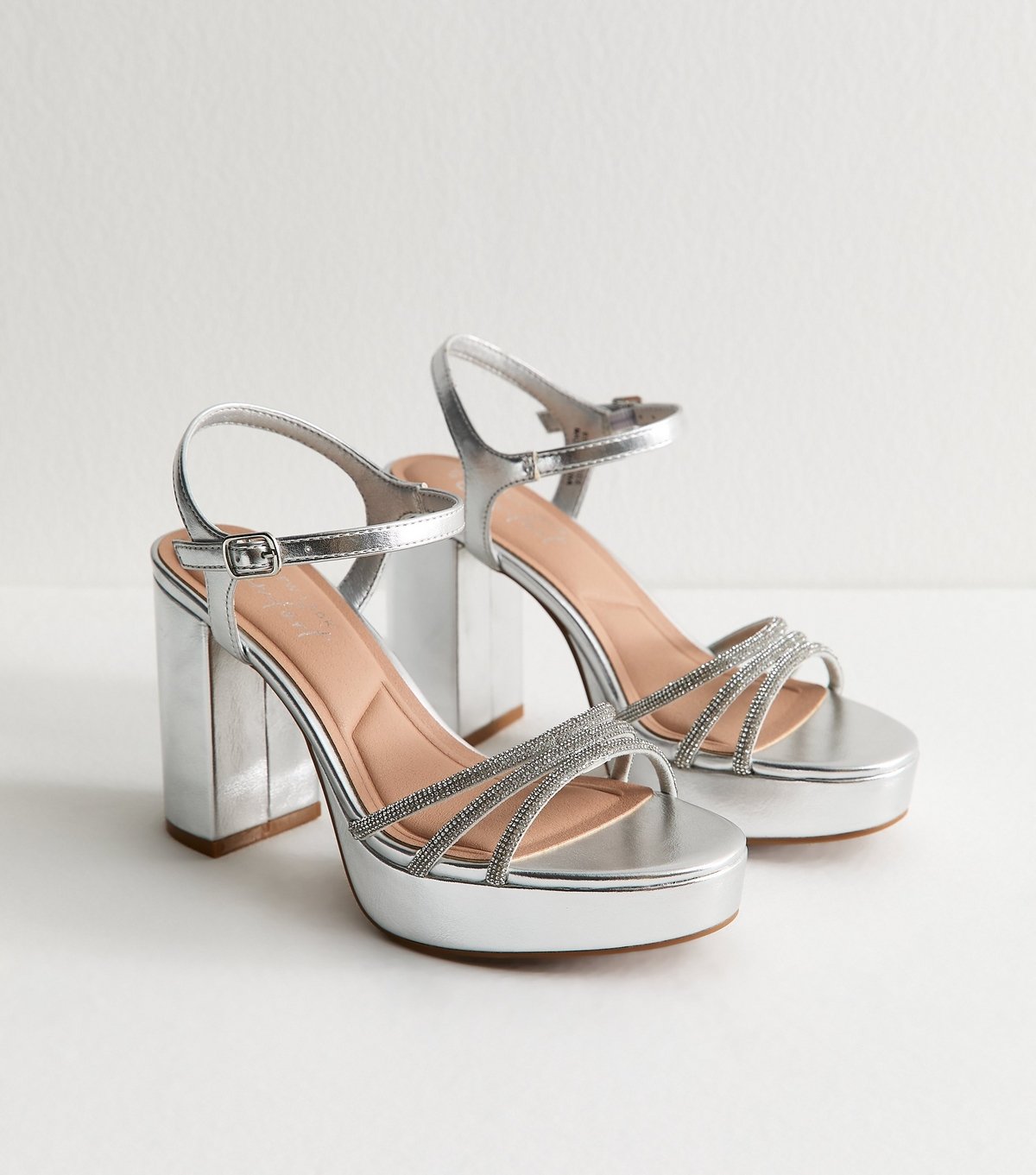 New Look Women's Silver Embellished Block Heel Platform Sandals Vegan New Look - 3
