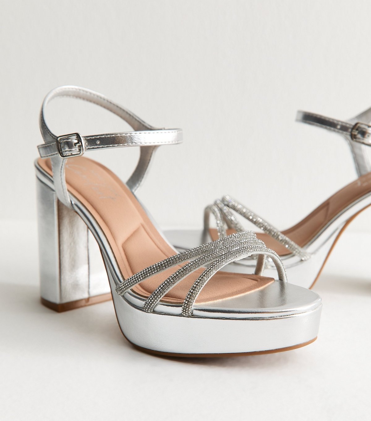 New Look Women's Silver Embellished Block Heel Platform Sandals Vegan New Look - 4