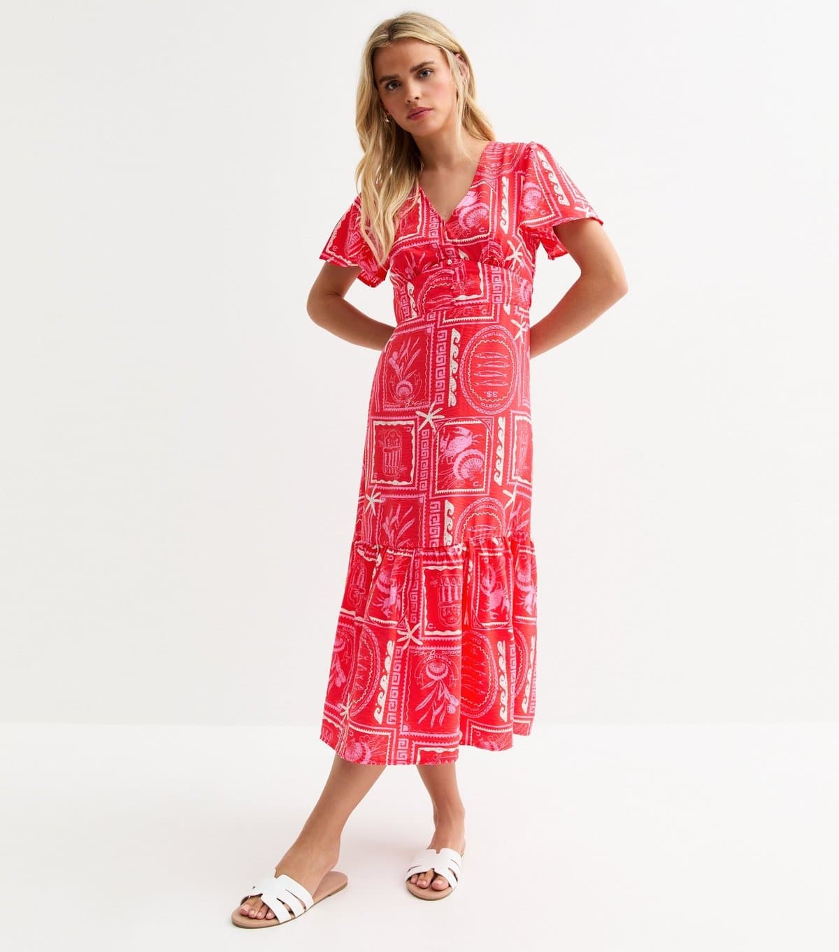 New Look Women's Petite Pink Sea Print Tiered Midi Dress New Look