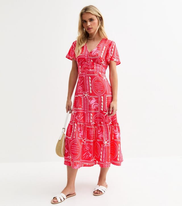 New Look Women's Petite Pink Sea Print Tiered Midi Dress New Look - 3