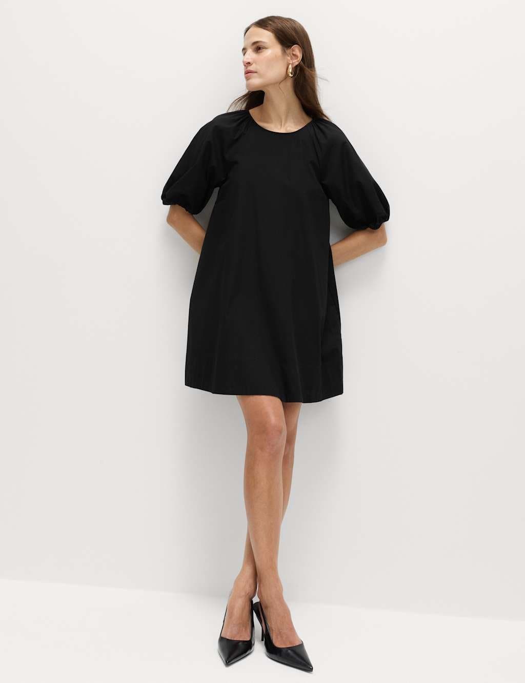 Marks & Spencer M&S Pure Cotton Puff Sleeve Mini Smock Dress Black