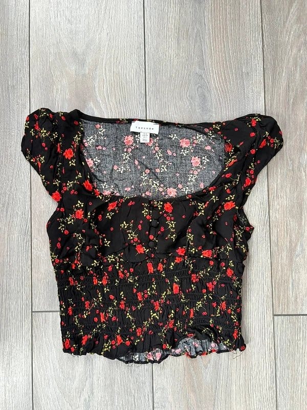 Topshop Black Floral Crop Top with Button Detail and Ruffles