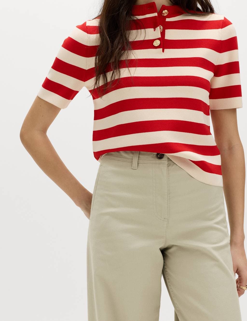 Marks & Spencer M&S Cotton Rich Turn Up Wide Leg Chinos Light Khaki