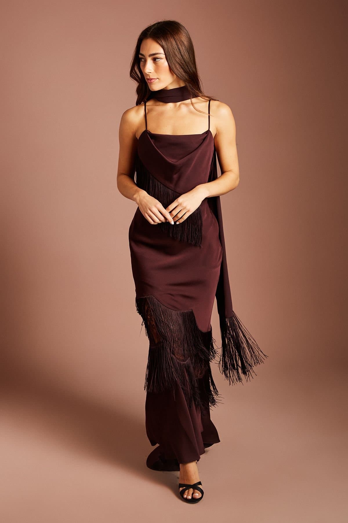 Coast Coast Women's Fringe Detail Strappy Maxi Dress With Scarf in Chocolate