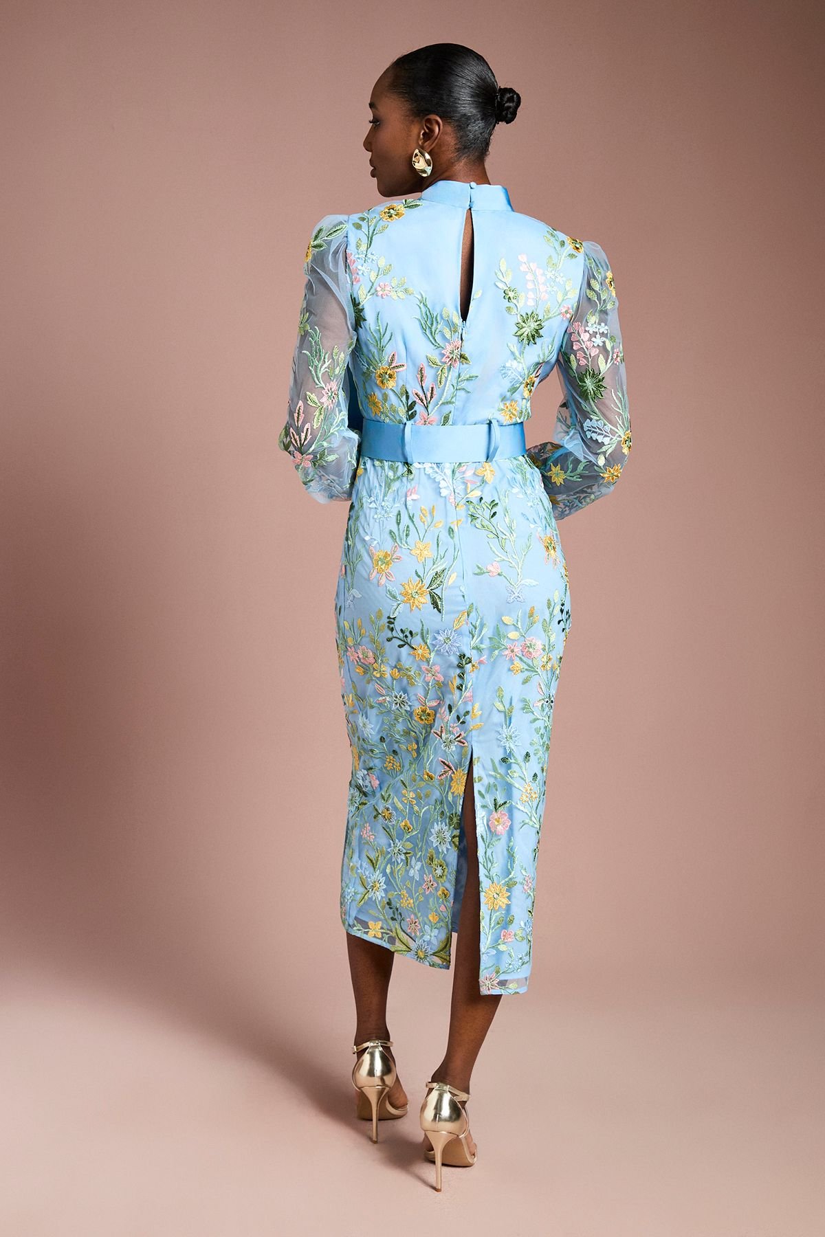 Coast Coast Women's Embroidered Mesh Pussybow Midi Dress in Blue - 3