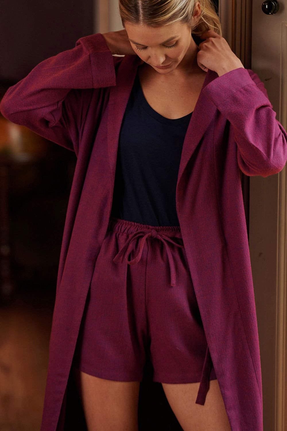 British Boxers British Boxers Women's 'Cahors' Herringbone Brushed Cotton Dressing Gown in Burgundy - 3