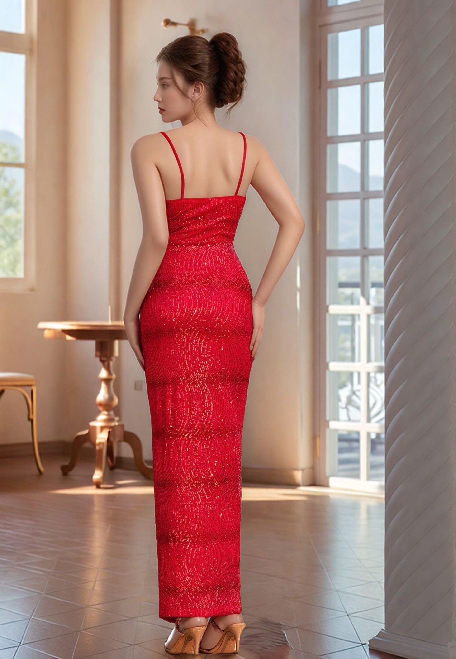 Divine Grace Divine Grace Women's Red Sequin Strappy Maxi Dress - 4