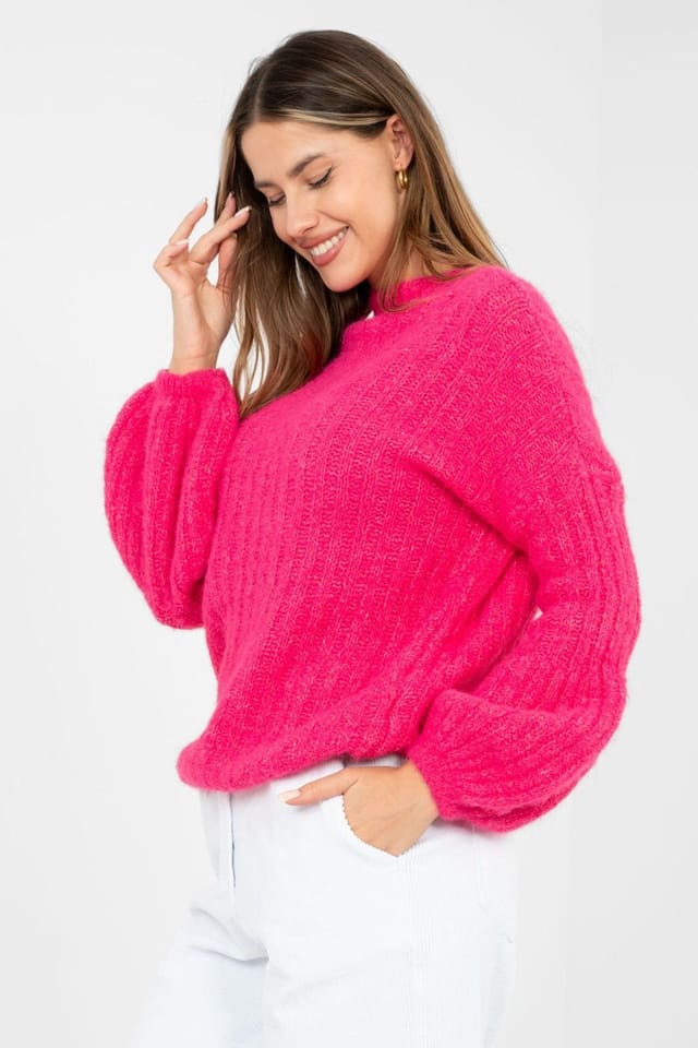 Love Lace Love Lace Women's Round Neck Ribbed Puff Sleeve Sweater in Pink - 2