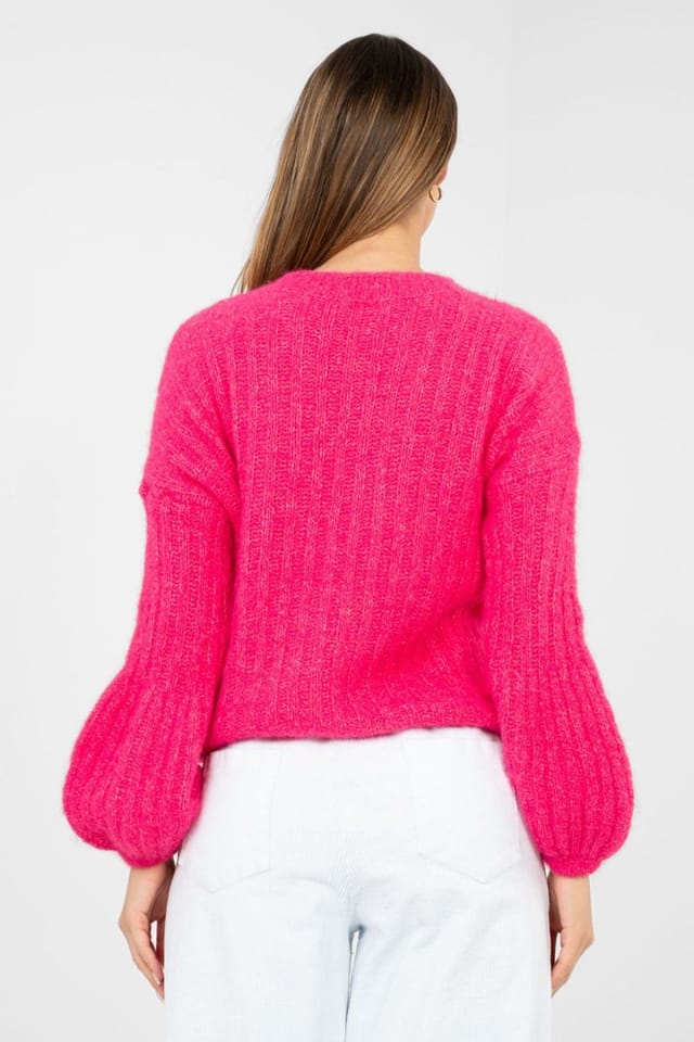 Love Lace Love Lace Women's Round Neck Ribbed Puff Sleeve Sweater in Pink - 3