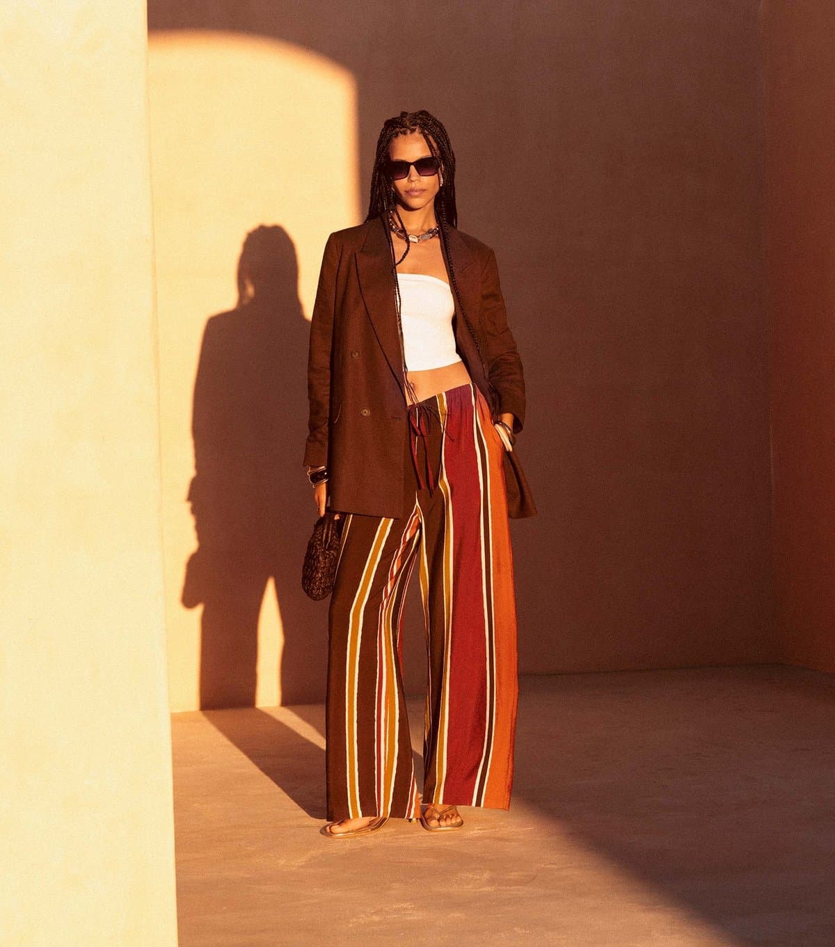 New Look Women's Brown Striped Drawstring Wide Leg Trousers New Look