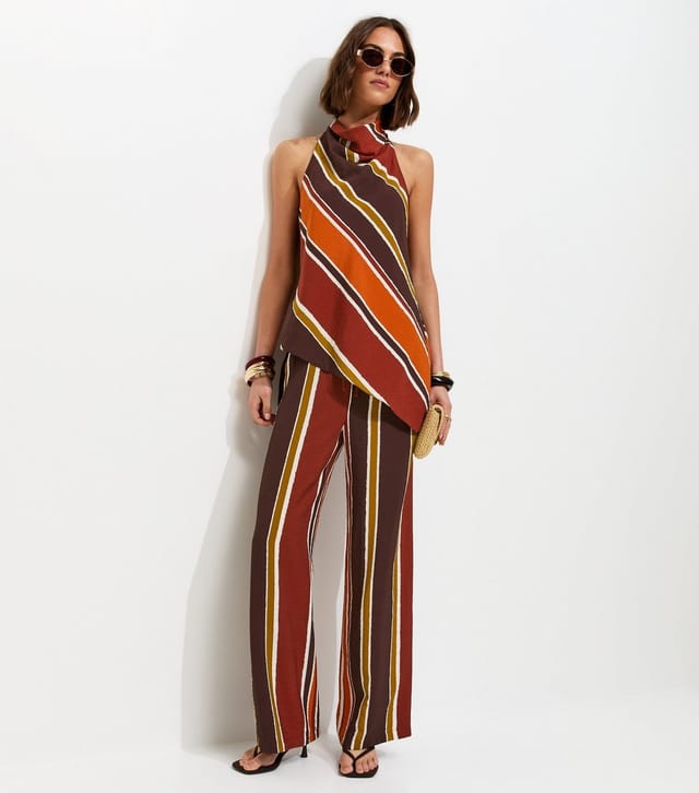 New Look Women's Brown Striped Drawstring Wide Leg Trousers New Look - 3