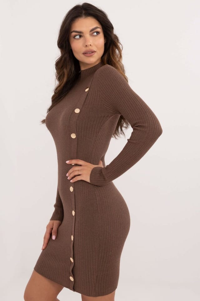 Love Lace Love Lace Women's Ribbed Knitted Pencil Dress Half Turtleneck Style 200516 in Brown - 2