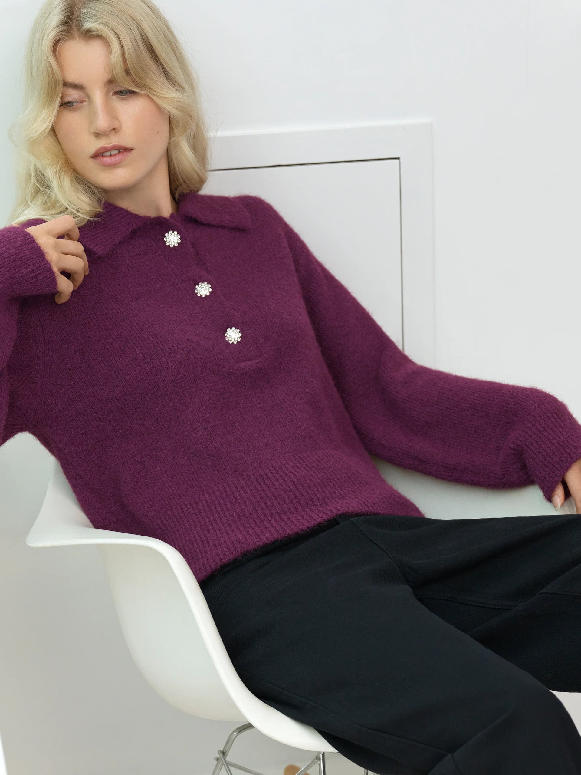 French Connection French Connection Purple Knit Jumper with Diamante Buttons
