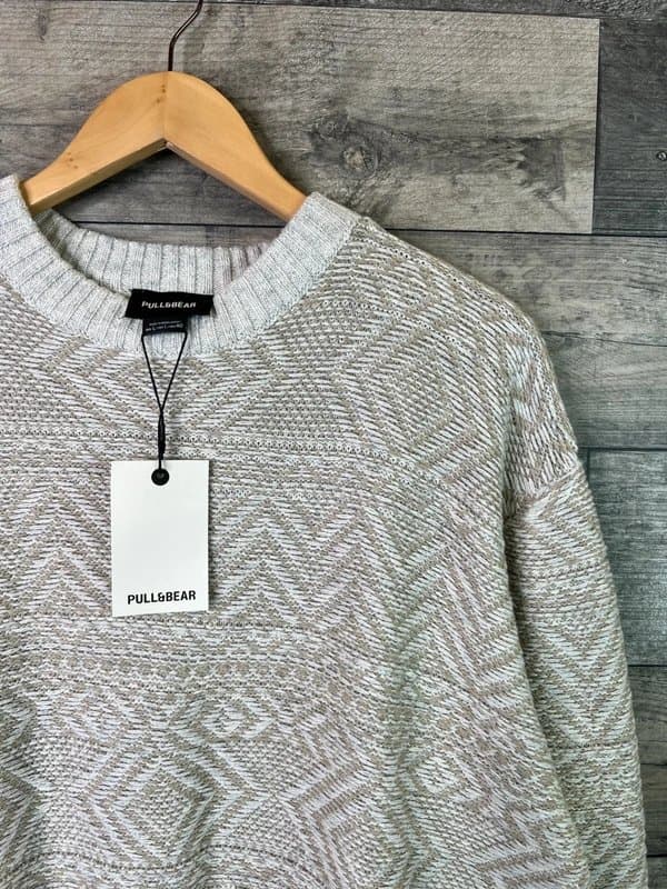 Pull & Bear Pull & Bears Mens Jumper Size Large Ivory Beige Knit Pullover Sweater