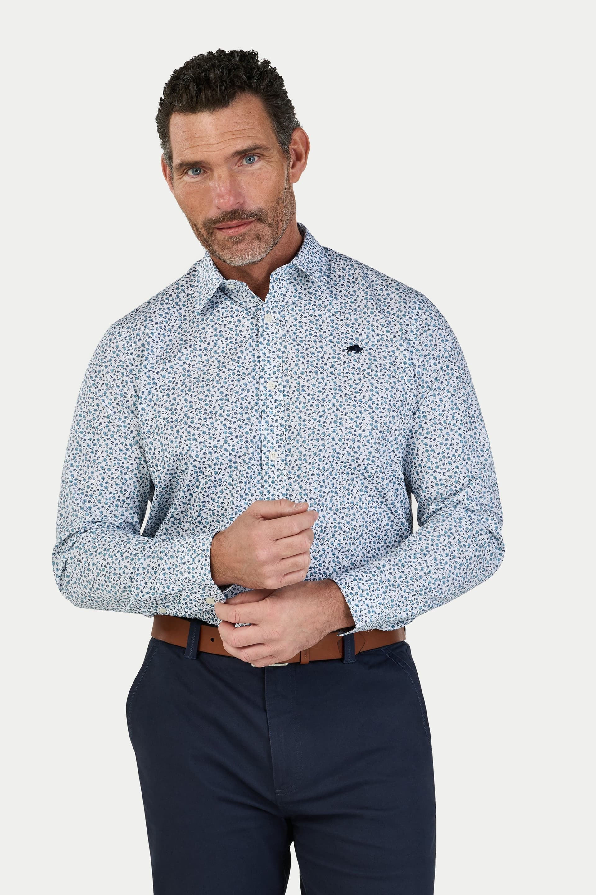 raging bull Raging Bull Men's Long Sleeve Floral Print Cotton Poplin Shirt in Light Blue