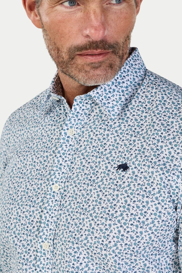 raging bull Raging Bull Men's Long Sleeve Floral Print Cotton Poplin Shirt in Light Blue - 3