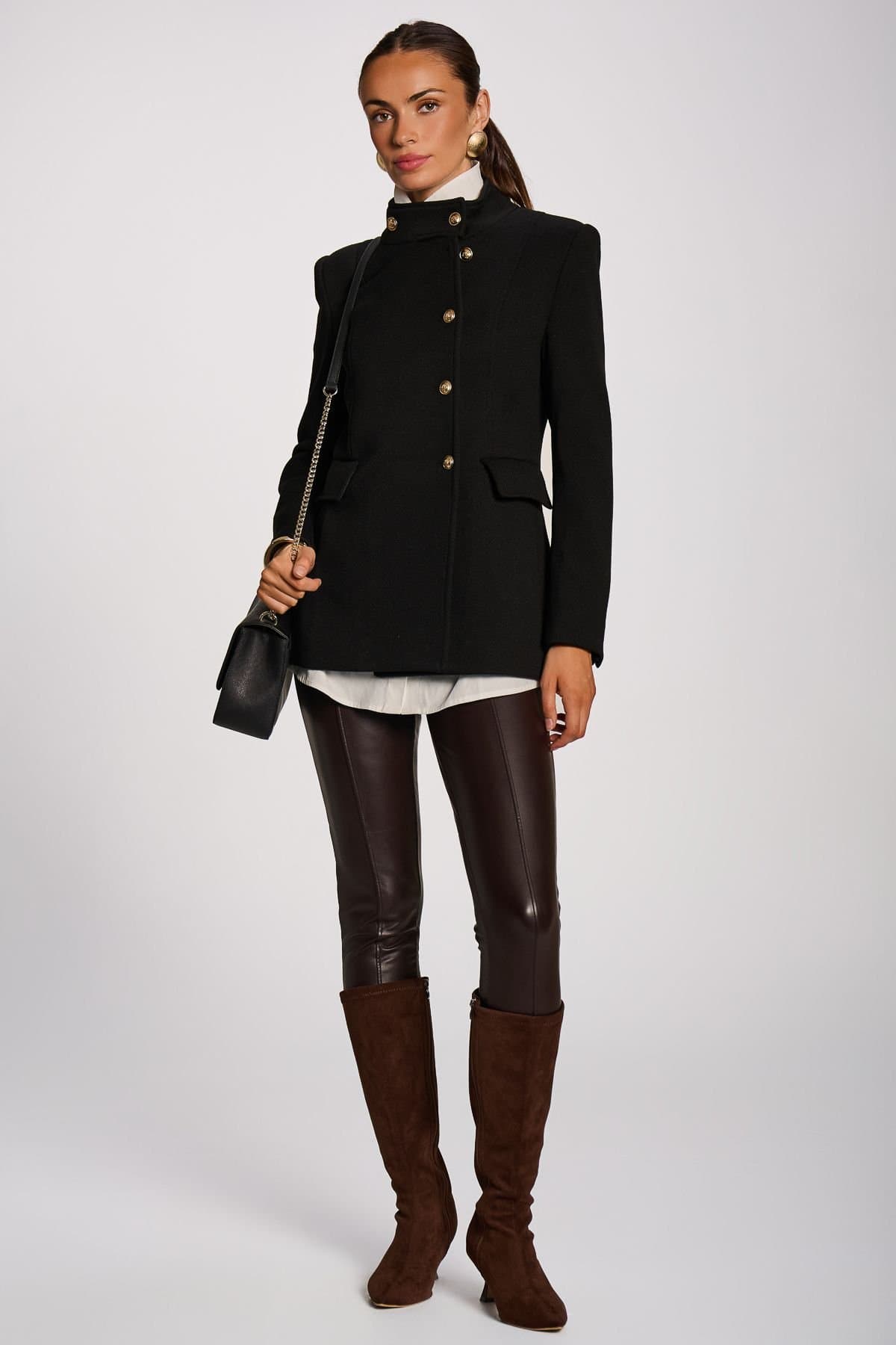Jolie Moi Jolie Moi Women's Military Structured Stand Collar Jacket in Black