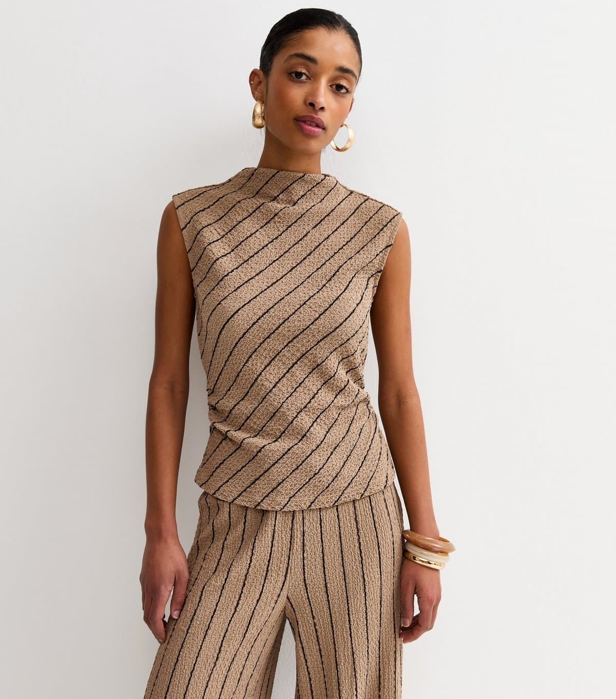 New Look Women's Brown Diagonal Stripe Textured Top New Look