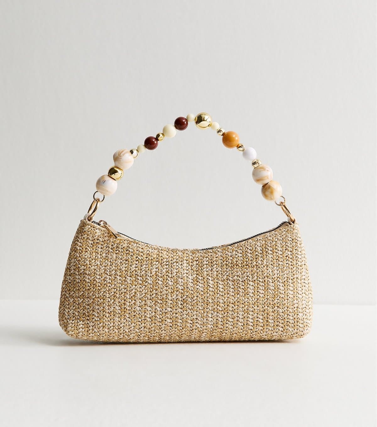 New Look Stone Raffia Look Beaded Handle Shoulder Bag New Look