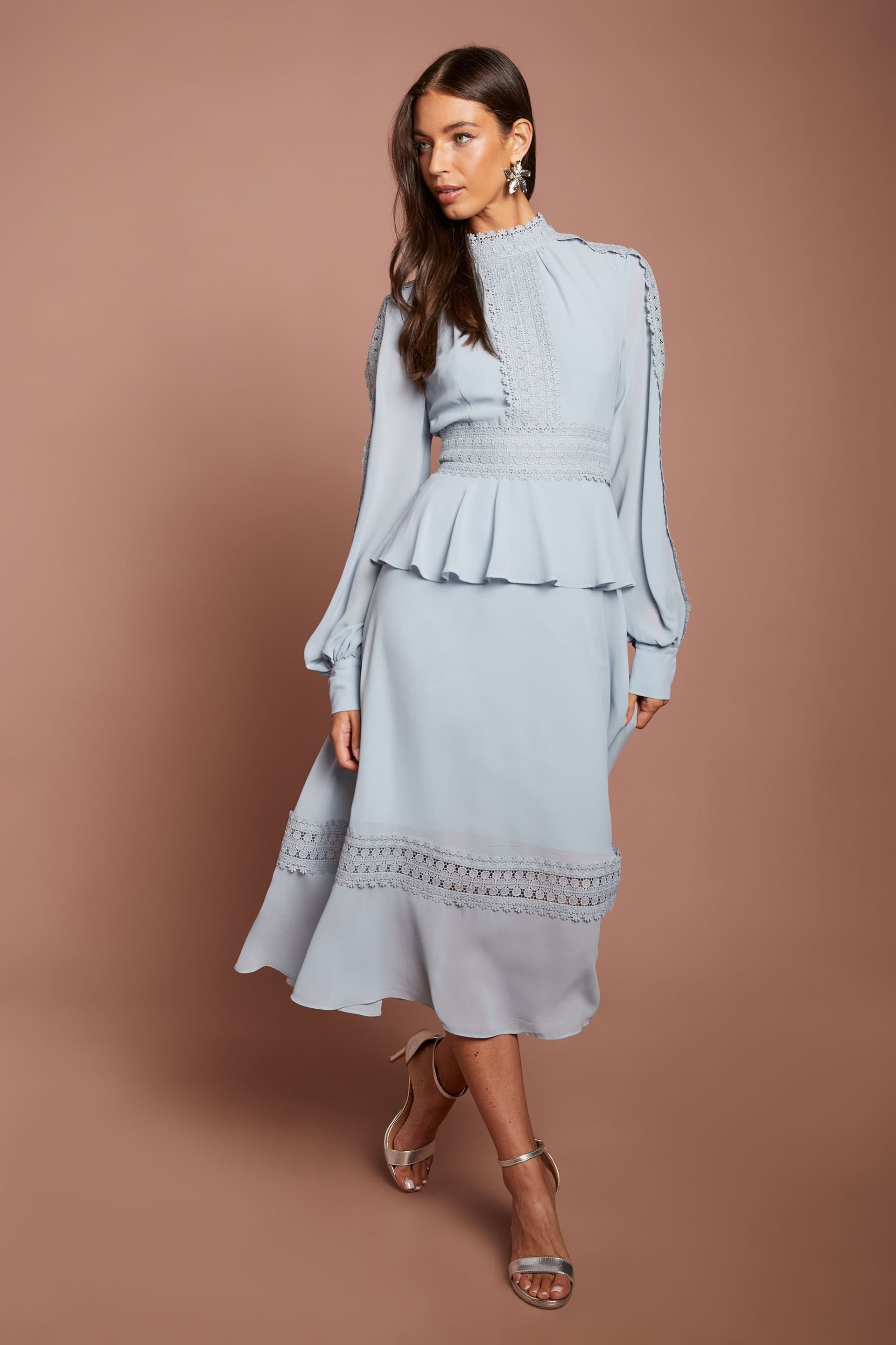 Coast Coast Women's Lace Trim Detail Long Sleeve Midi Dress in Dusty Blue