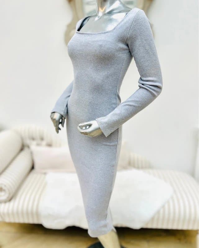 Missguided Misguided light grey square neck long sleeved midi jumper dress