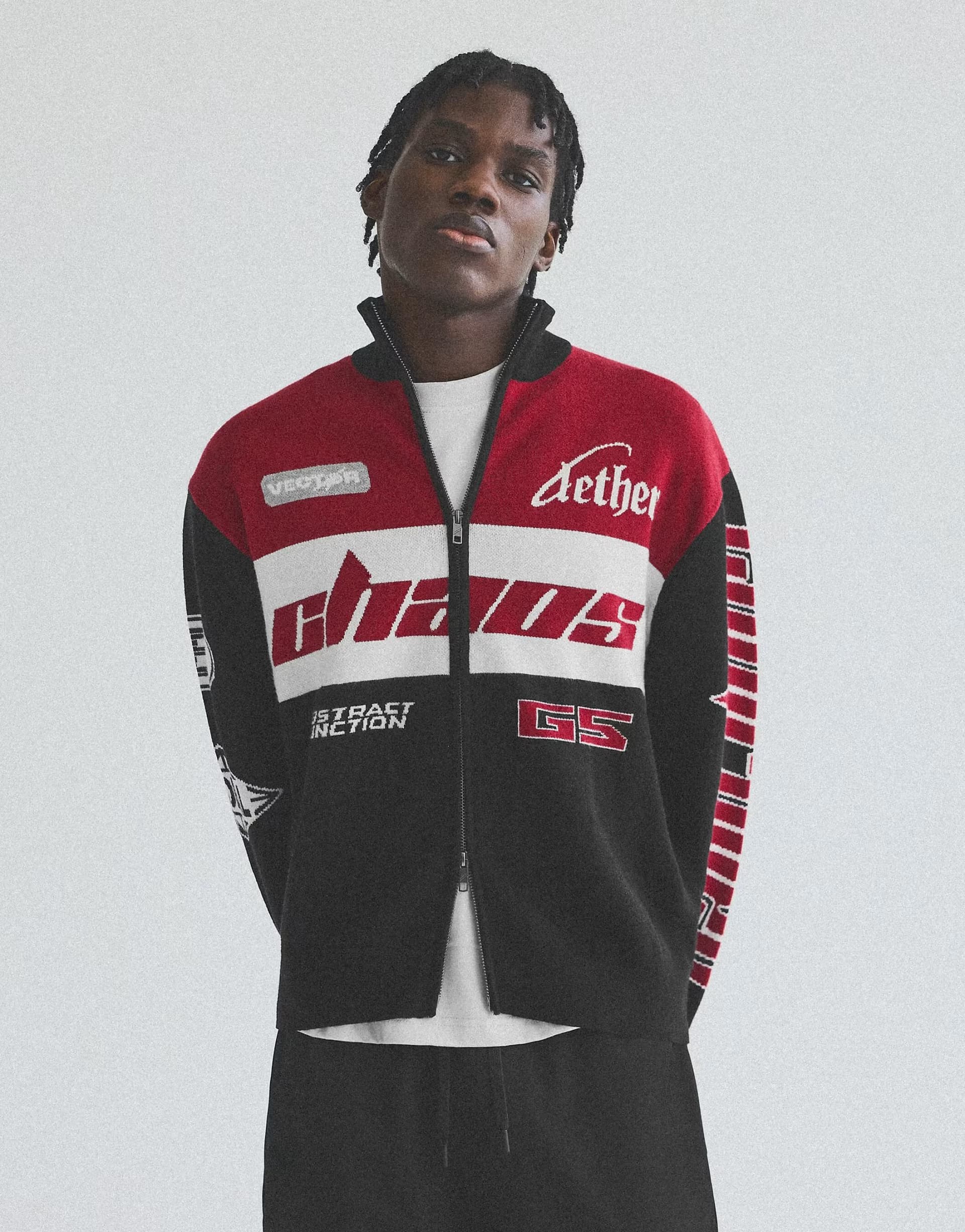 ASOS Bershka Racing zip-up knit jacket in black