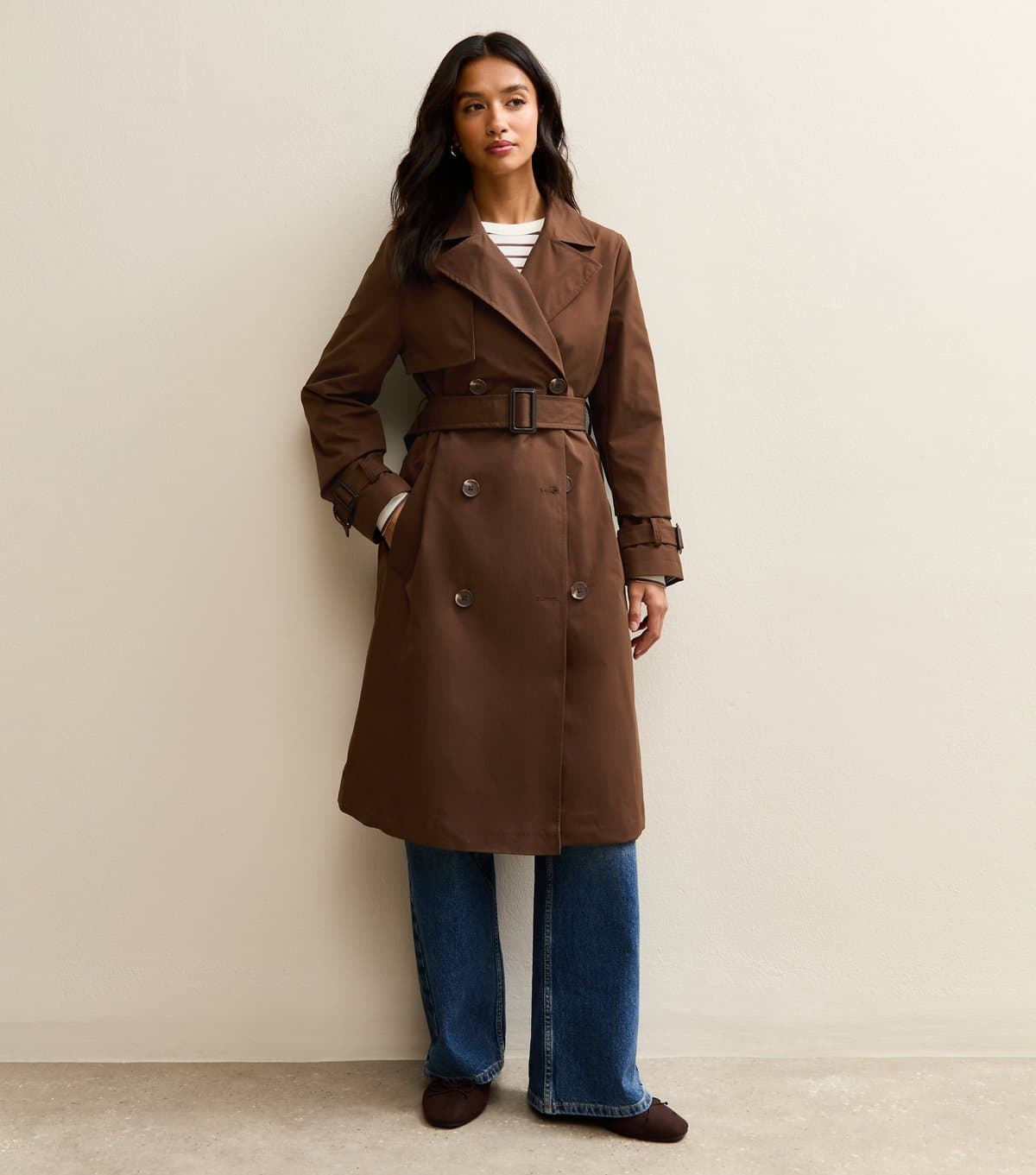 New Look Women's Petite Dark Brown Double Breasted Belted Mac Coat New Look
