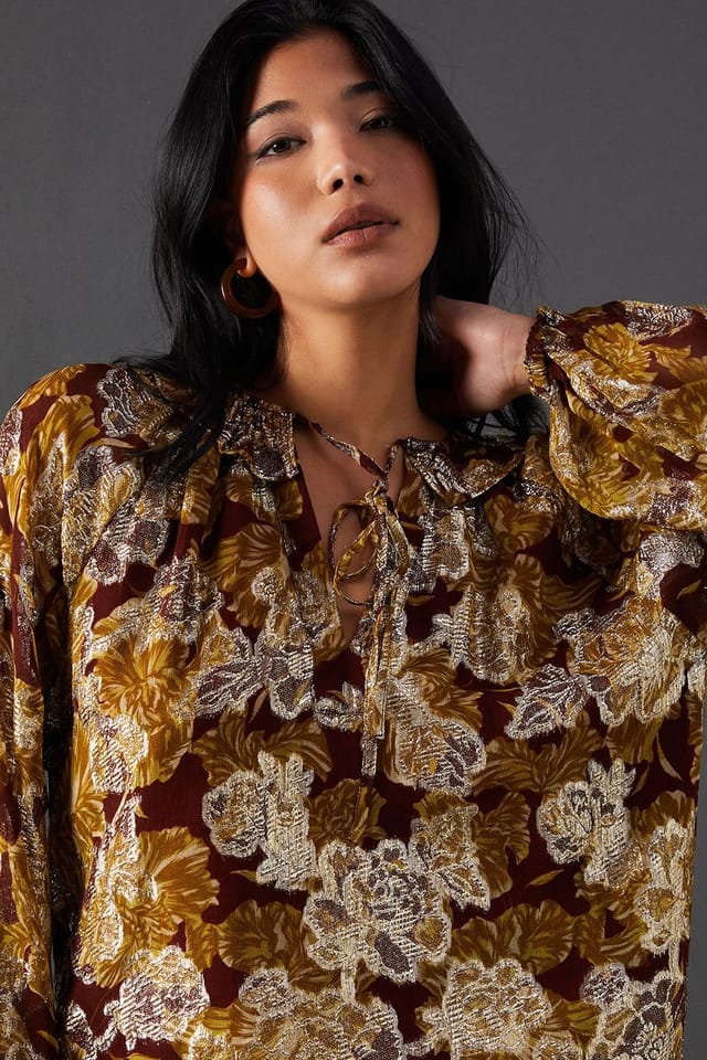 Warehouse Warehouse Women's Printed Metallic Jacquard Tie Neck Frill Collar Blouse in Floral - 2