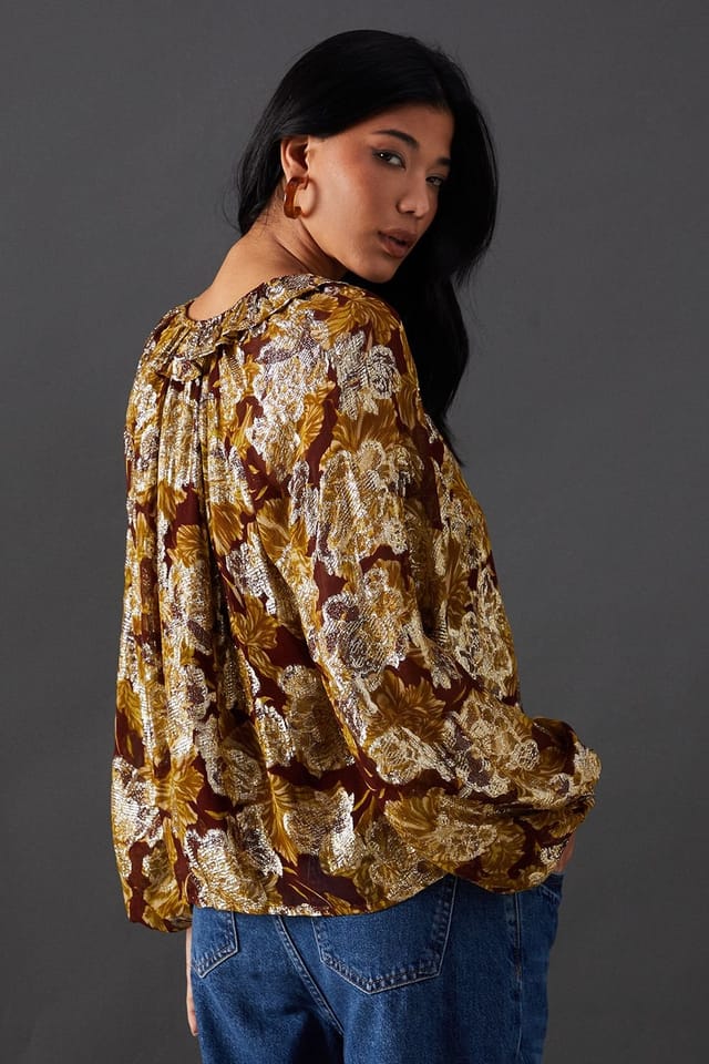 Warehouse Warehouse Women's Printed Metallic Jacquard Tie Neck Frill Collar Blouse in Floral - 3