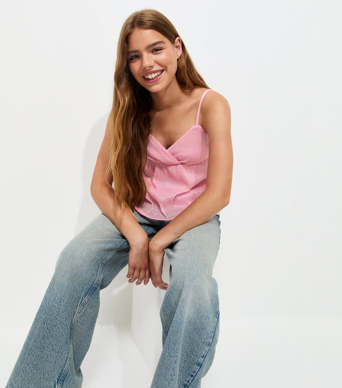 New Look Girls' Light Pink Sequin Mesh Babydoll Cami Top New Look
