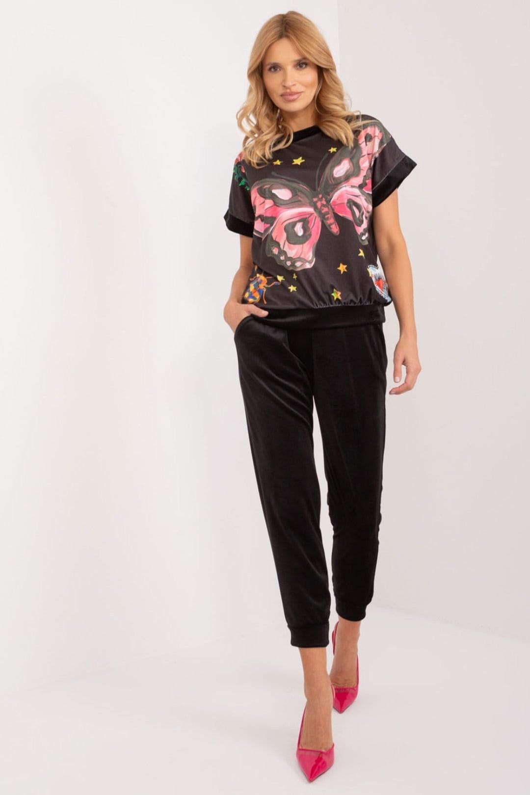 Love Lace Black Velour Blouse & Drawstring Pants Set