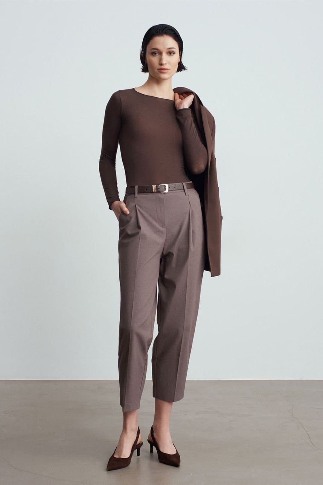 Dilvin Dilvin Charcoal Belted Straight-Leg Trousers