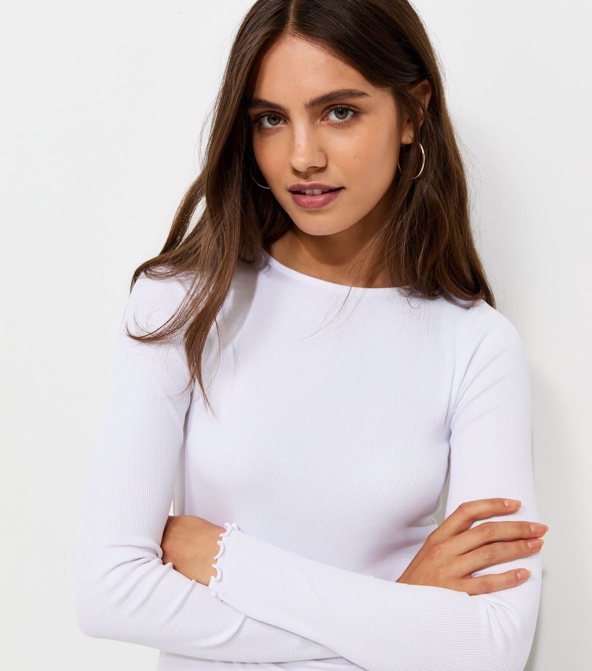 New Look Women's White Cotton Rich Babylock Slash Neck Long Sleeve Top New Look