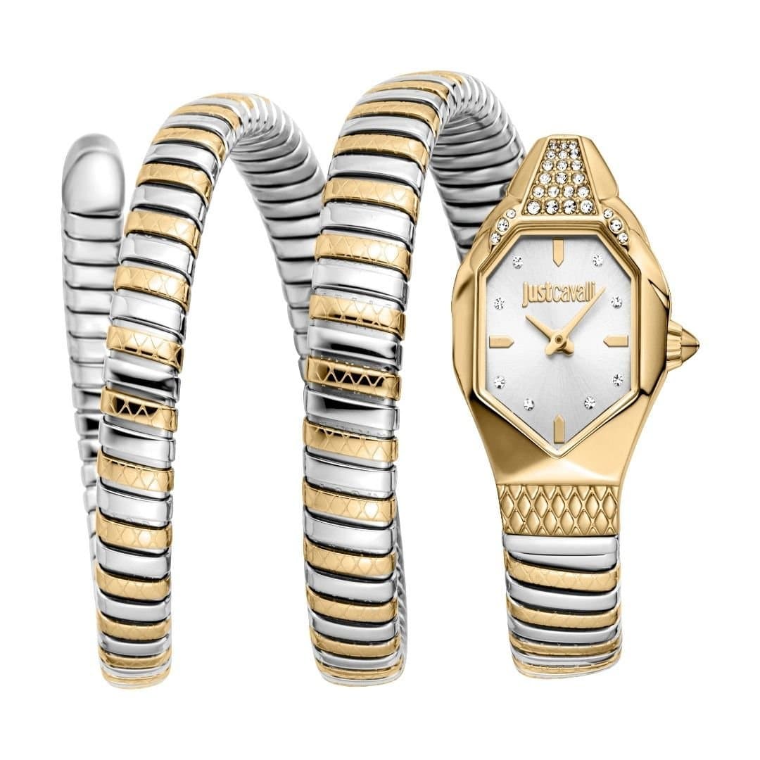 Just Cavalli Just Cavalli Women's Snake Watch Gold Case Silver Dial Two Tone Silver SS Bracelet