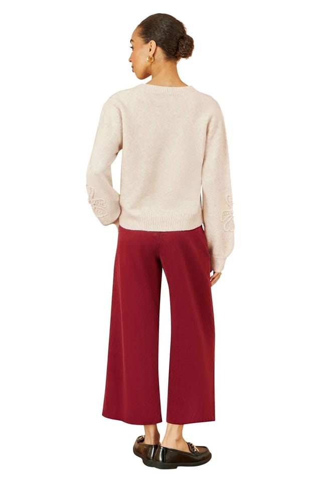 Yumi Yumi Women's Oatmeal Knitted Jumper With Floral Applique in Beige - 3