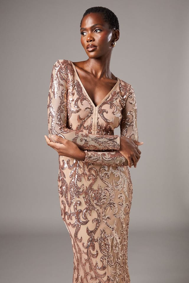 Coast Coast Women's Long Sleeve Sequin Maxi Dress in Champagne - 2