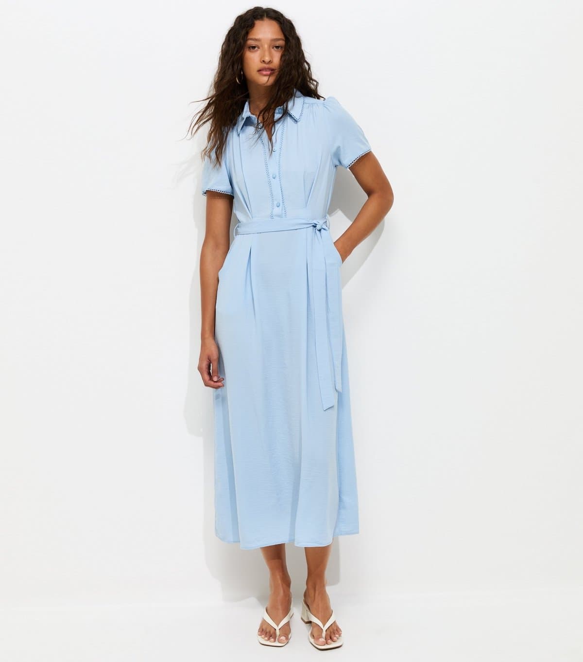 New Look Women's Light Blue Frill Trim Short Sleeve Shirt Midi Dress New Look