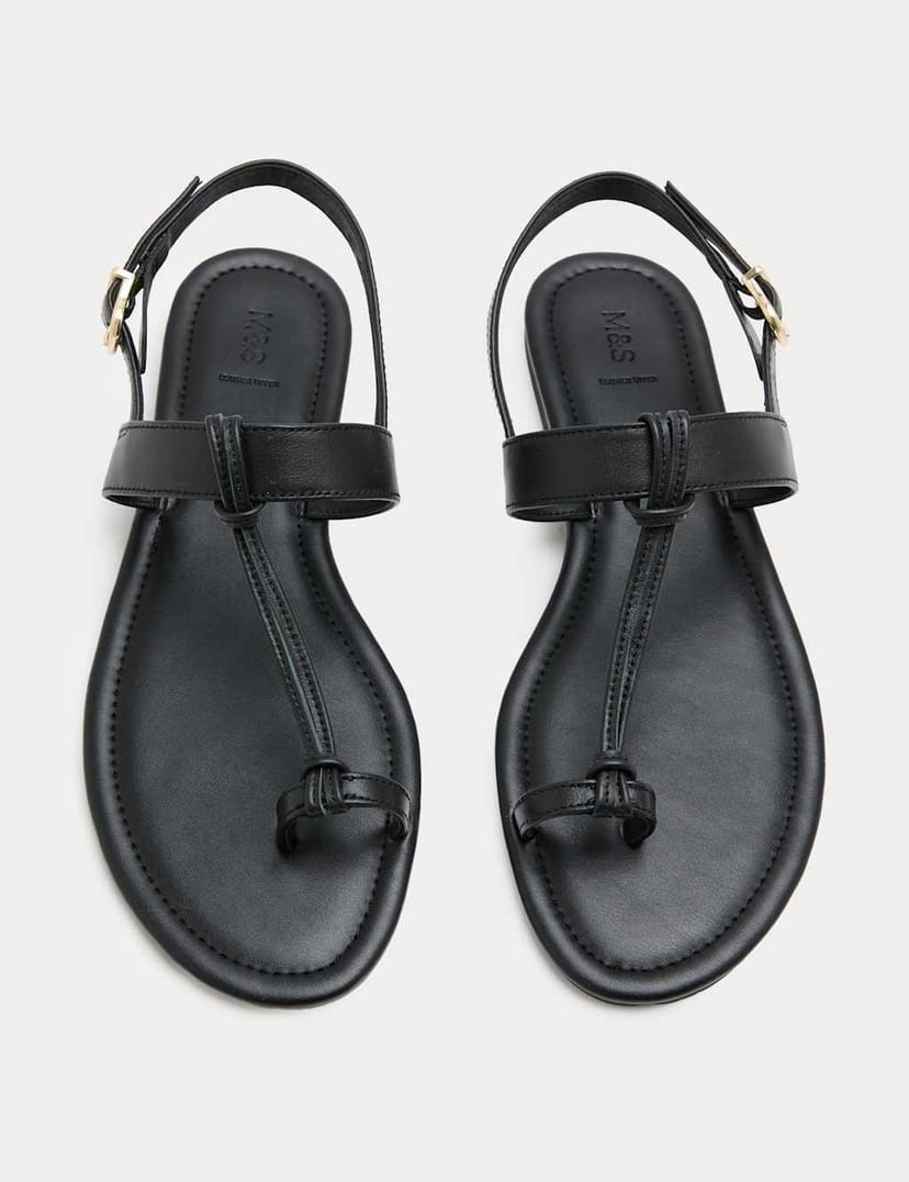 Marks & Spencer M&S Leather Ankle Strap Flat Toe Loop Sandals Black - 1