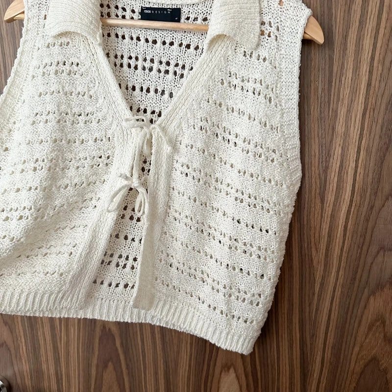 ASOS ASOS Cream Knitted Crochet Tie Front Collared Waistcoat Vest Top L - 1