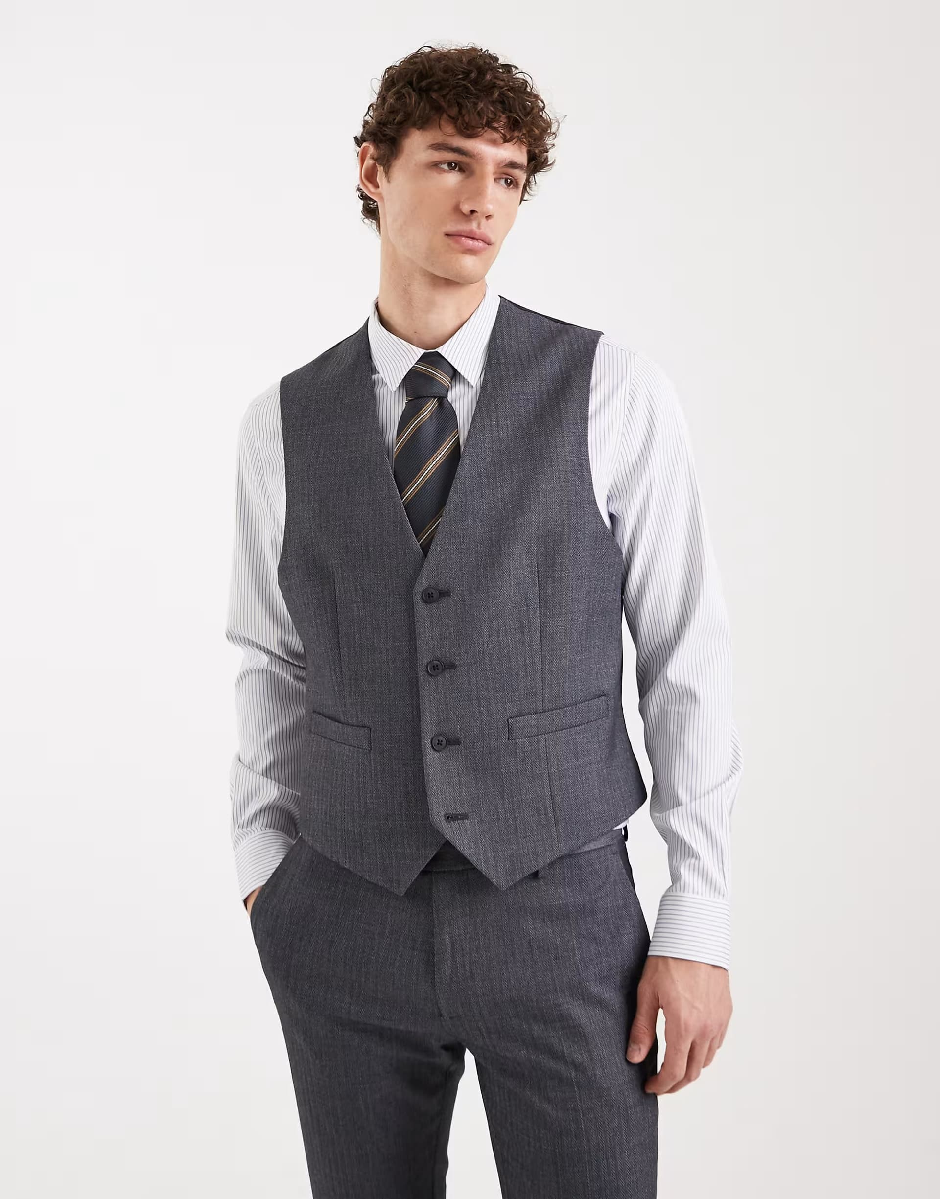 ASOS ASOS DESIGN skinny suit waistcoat in navy wool look herringbone