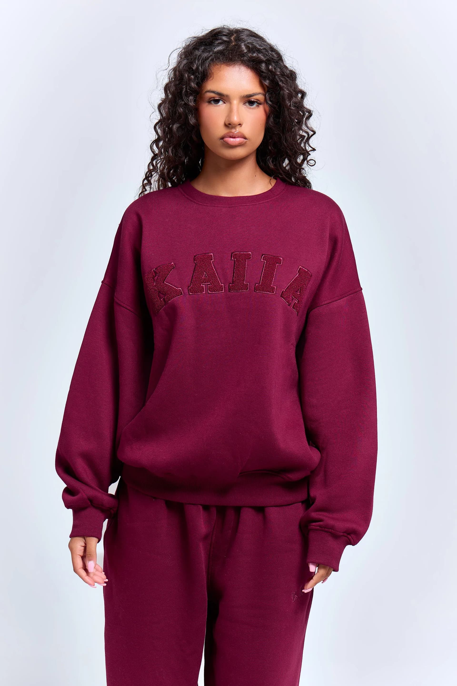 Kaiia Kaiia Borg Slogan Oversized Sweatshirt Deep Burgundy