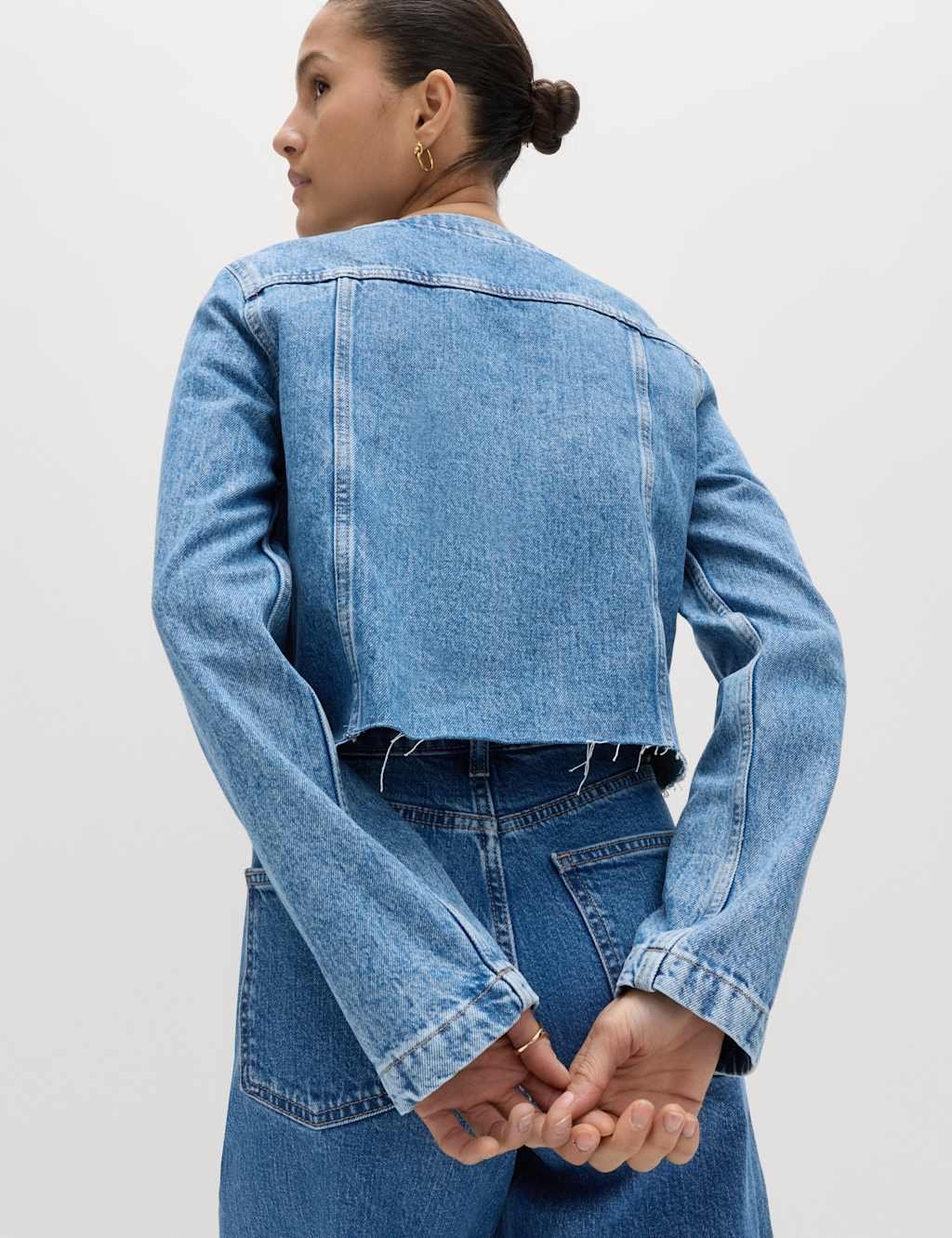 Marks & Spencer M&S Denim Collarless Double-Breasted Cropped Jacket Medium Indigo - 2